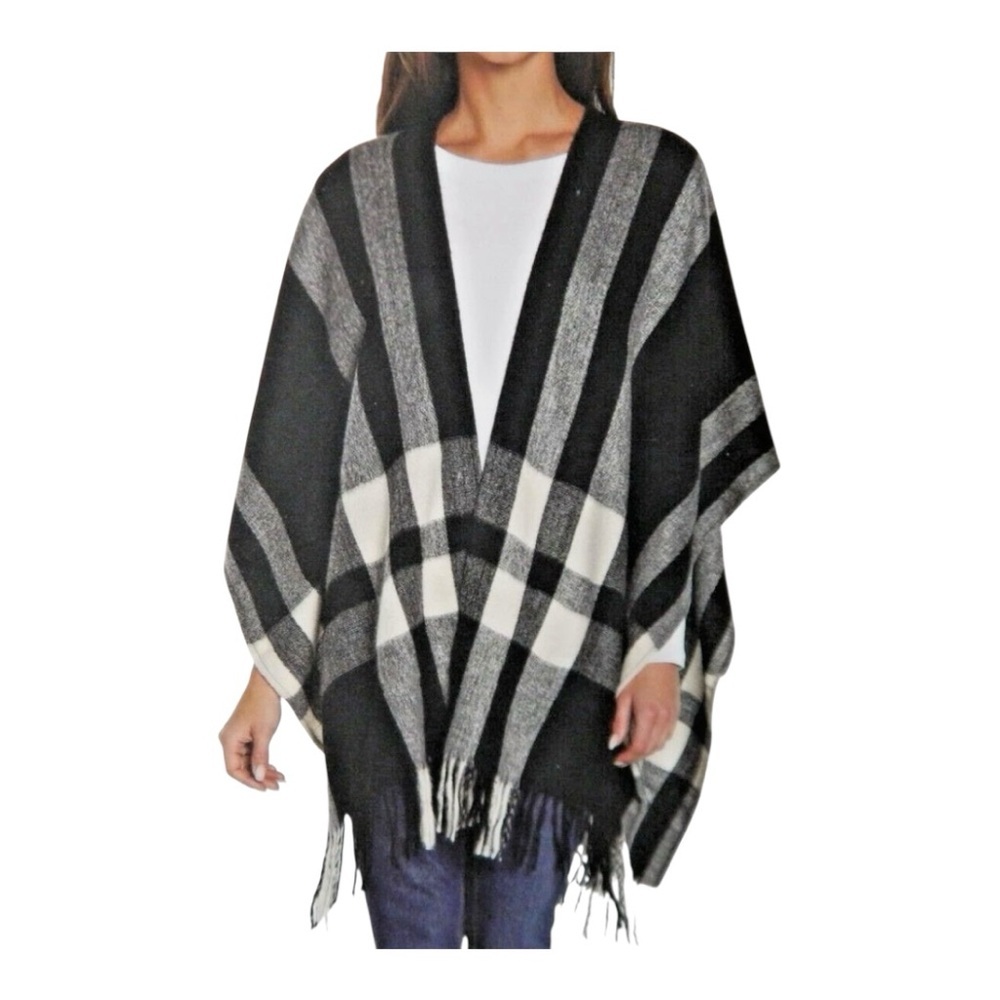 NEW THREE DOTS CASHMERE BLEND WRAP Black Erin Plaid Fringe One‎ Size Fits All